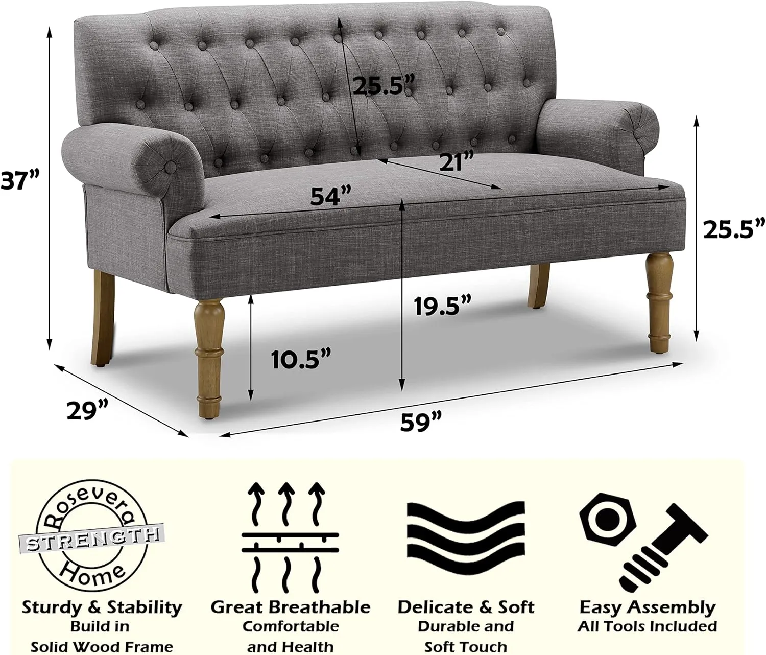 Rosevera Drennan Loveseat - Sofa for Living Room, Linen, Ash