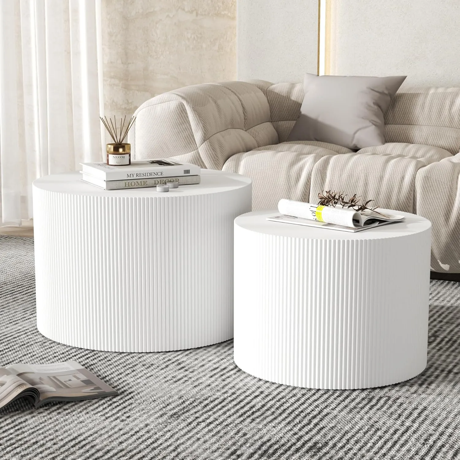 Round Coffee Table Set of 2, Modern Wooden White Nesting Coffee Tables for Living Room, No Assembly Required Circle Side Tables Set Accent End Table for Bedroom, Balcony