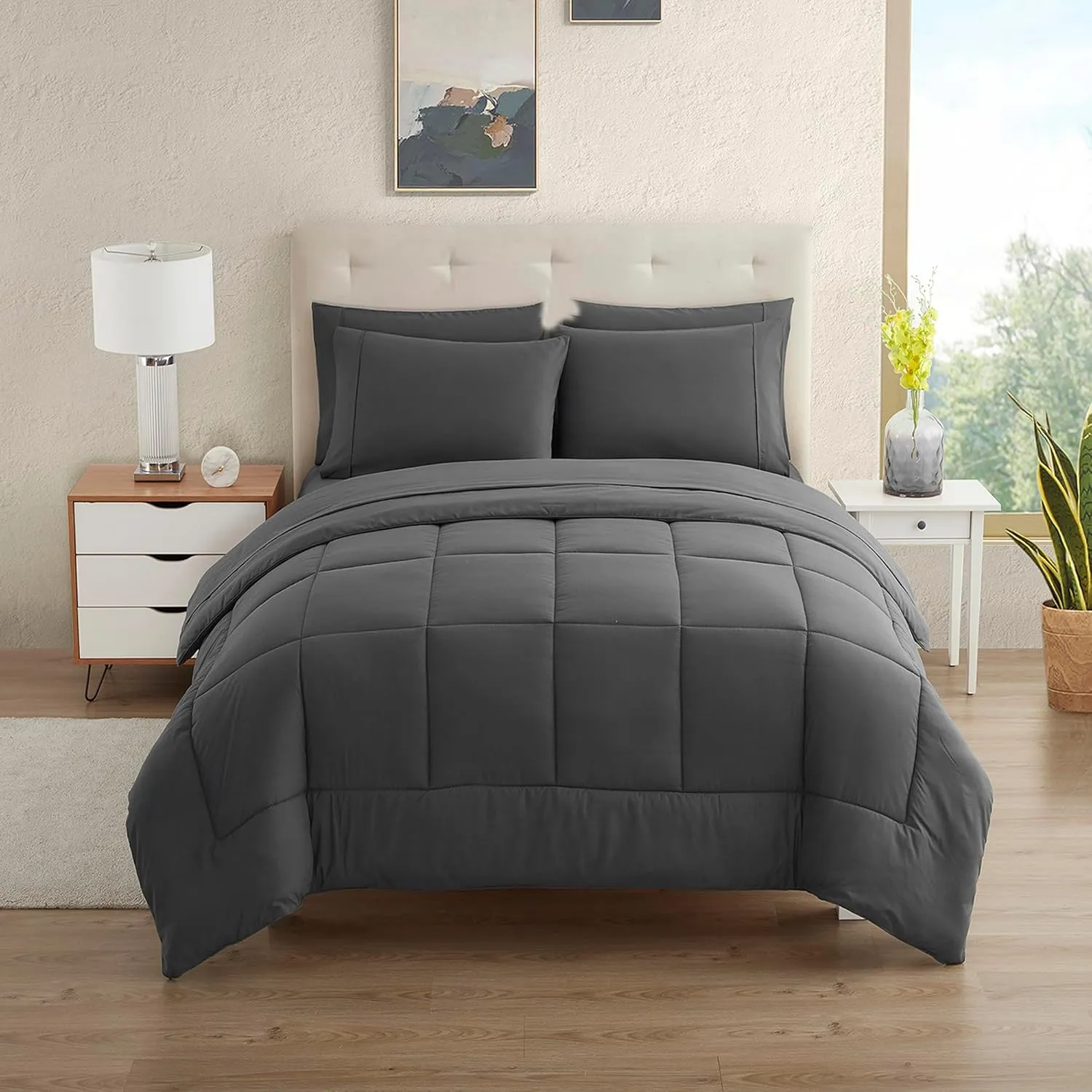 RV Short Queen Comforter Set for RV Camper Comforter Set with Fitted & Flat Sheet, 4 Pillowcases Tailored for RV Short Queen Beds Cozy Essentials for Your RV Bedroom, Gray