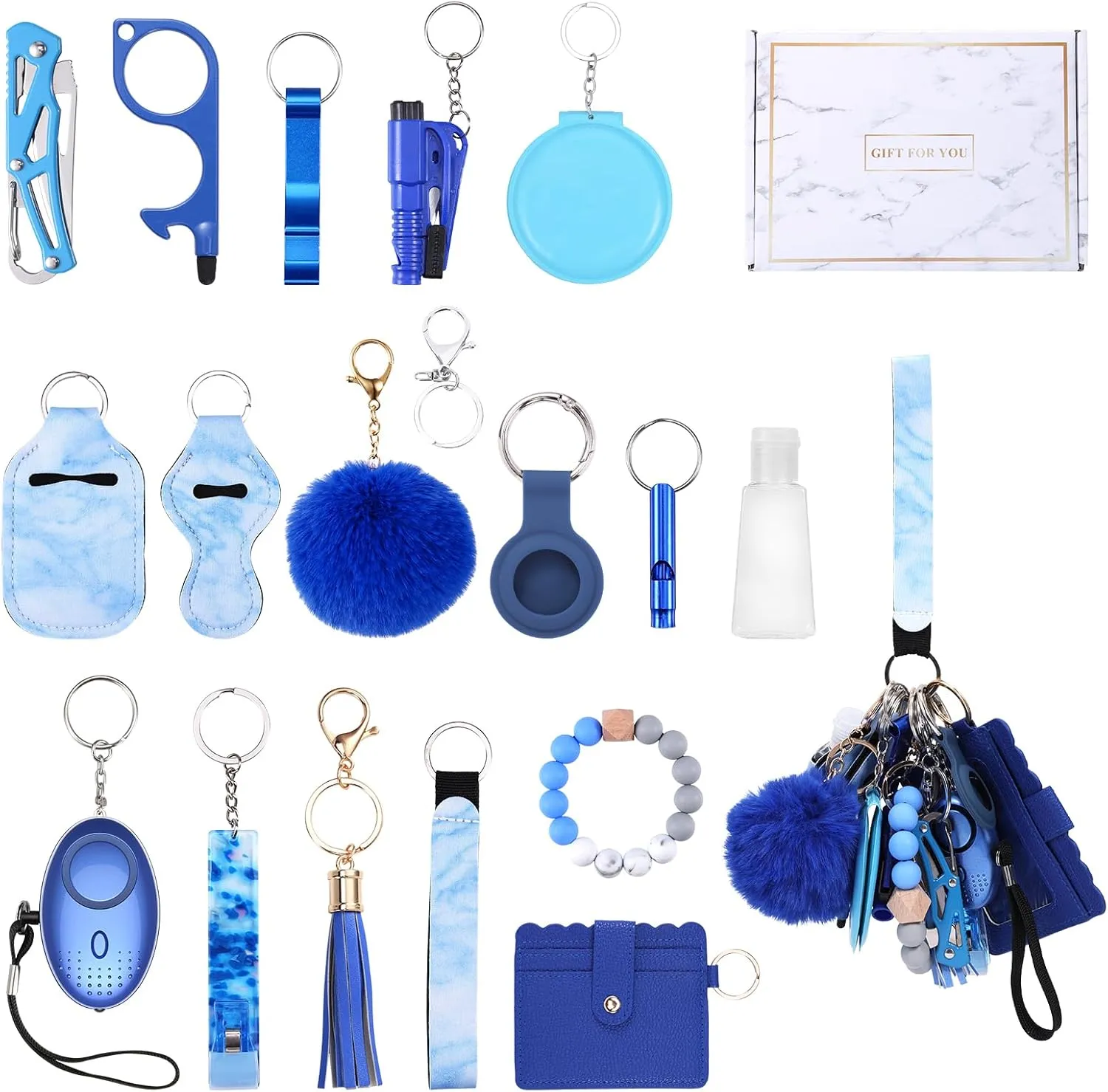 Safety Keychain Set for Women, with Personal Alarms, Bottle Opener, Pom Pom, Mirror, Whistle, Bead String, Card Bag