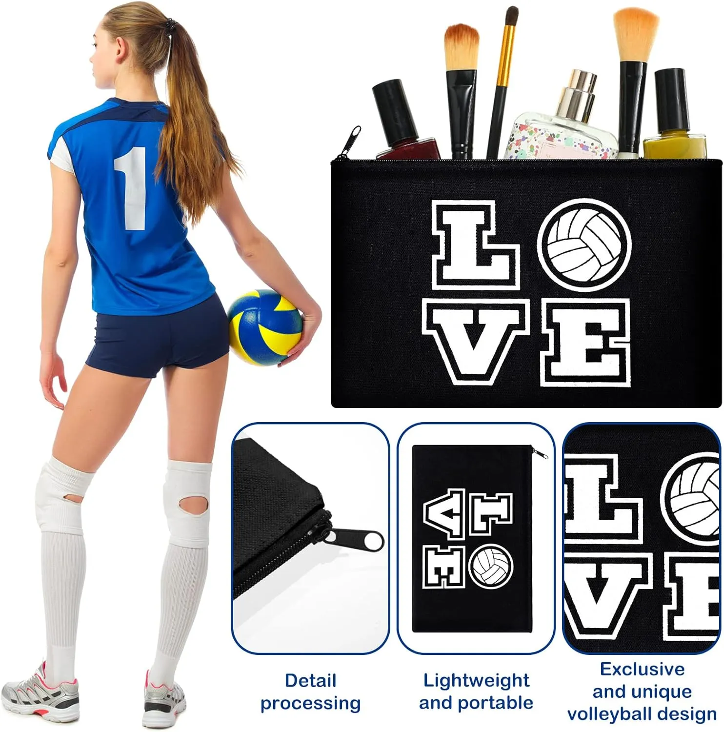 Saintrygo 12 Pieces Volleyball Pouch Makeup Bag with Words Volleyball Travel Storage Bags Portable Storage Case Organizer Toiletry Accessories with Zippers for Players Teams Women(Black,Love)