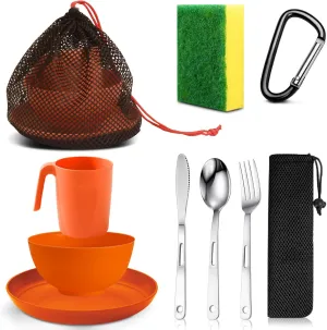 Scout Camping Mess Kit for 1 Person Boy Scout Dishes Set Girl Scout Mess Kit with Mesh Bag Reusable Light Weight Eating Utensils Plastic Camping Cutlery Set for Travel Camp