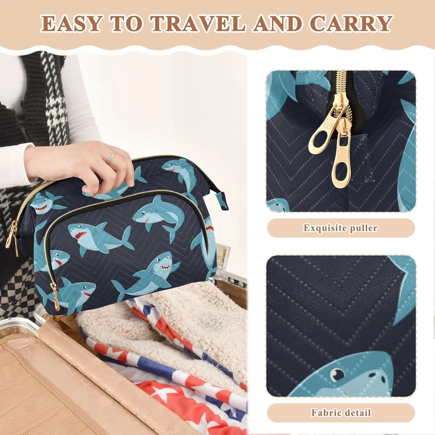 Seamless Cartoon Ocean Blue Comic Sharks Fishes Women Cosmetic Bag Makeup Bag Stylish Trip Beauty Bag Travel Toiletry Bag with Bottle Organizer 10.2 x 5.9 x 6.7 inch