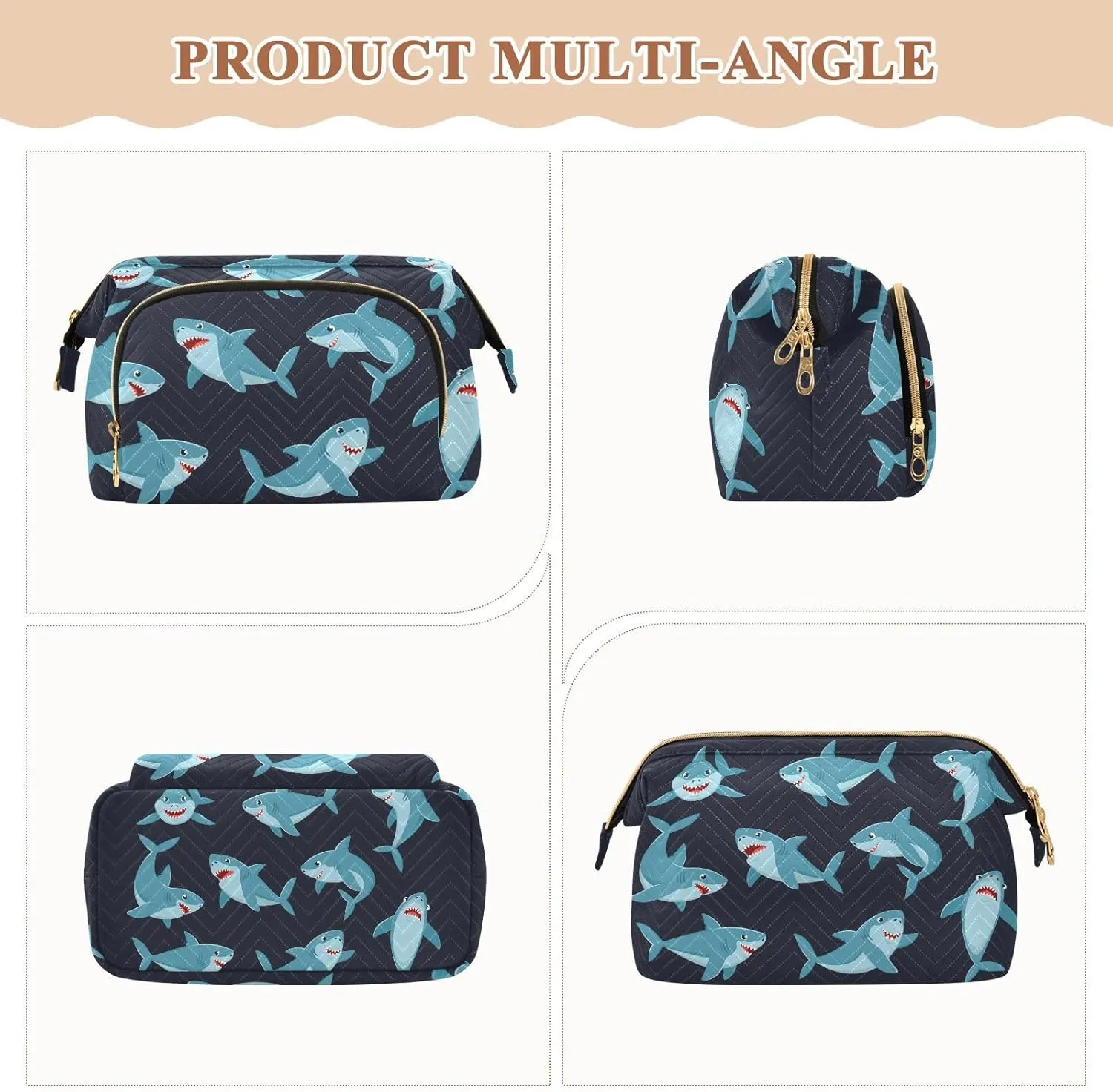 Seamless Cartoon Ocean Blue Comic Sharks Fishes Women Cosmetic Bag Makeup Bag Stylish Trip Beauty Bag Travel Toiletry Bag with Bottle Organizer 10.2 x 5.9 x 6.7 inch