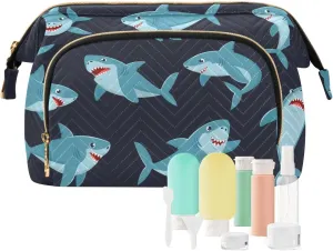 Seamless Cartoon Ocean Blue Comic Sharks Fishes Women Cosmetic Bag Makeup Bag Stylish Trip Beauty Bag Travel Toiletry Bag with Bottle Organizer 10.2 x 5.9 x 6.7 inch