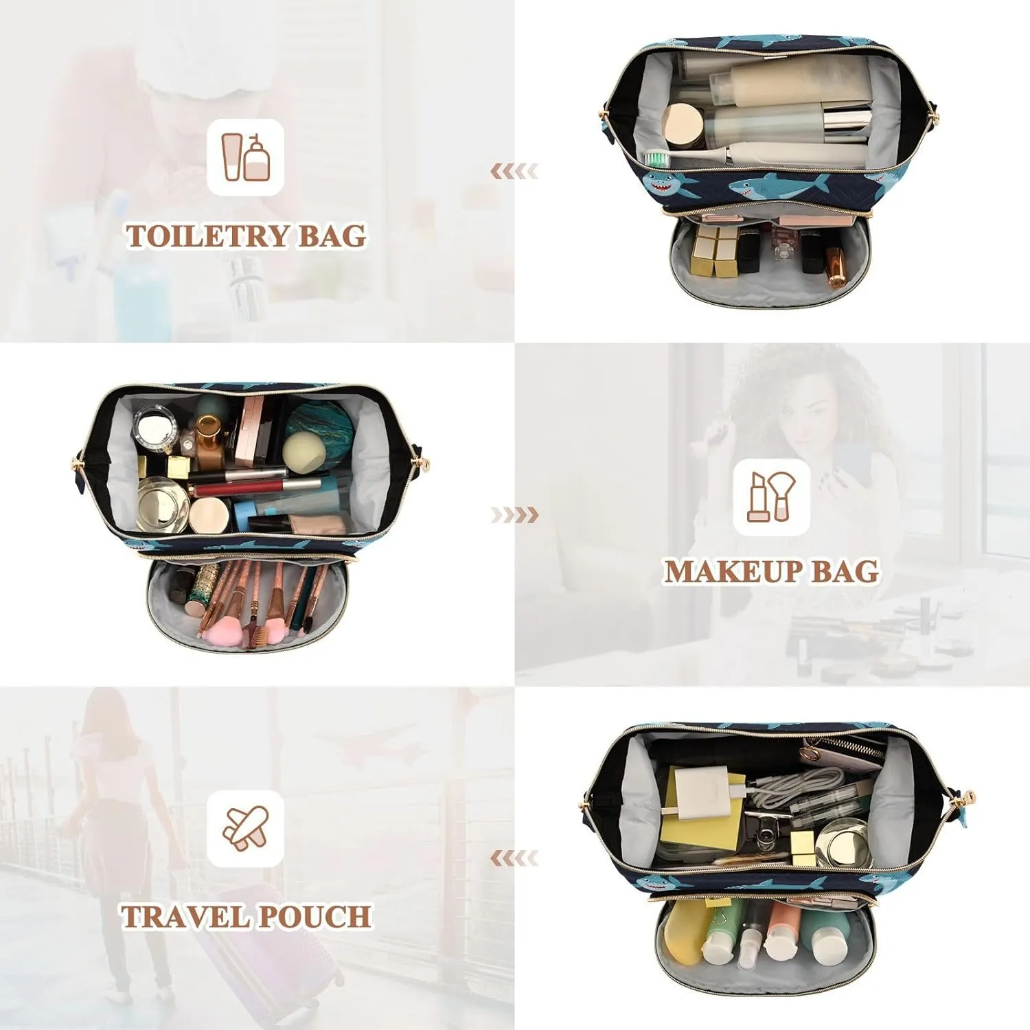Seamless Cartoon Ocean Blue Comic Sharks Fishes Women Cosmetic Bag Makeup Bag Stylish Trip Beauty Bag Travel Toiletry Bag with Bottle Organizer 10.2 x 5.9 x 6.7 inch