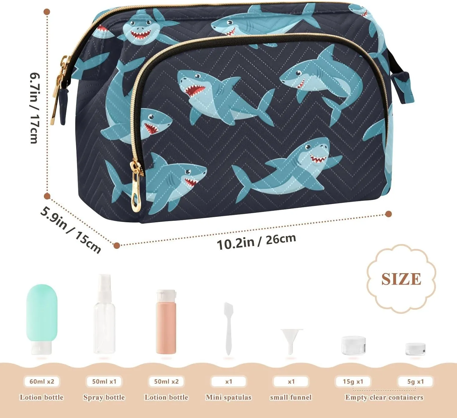 Seamless Cartoon Ocean Blue Comic Sharks Fishes Women Cosmetic Bag Makeup Bag Stylish Trip Beauty Bag Travel Toiletry Bag with Bottle Organizer 10.2 x 5.9 x 6.7 inch