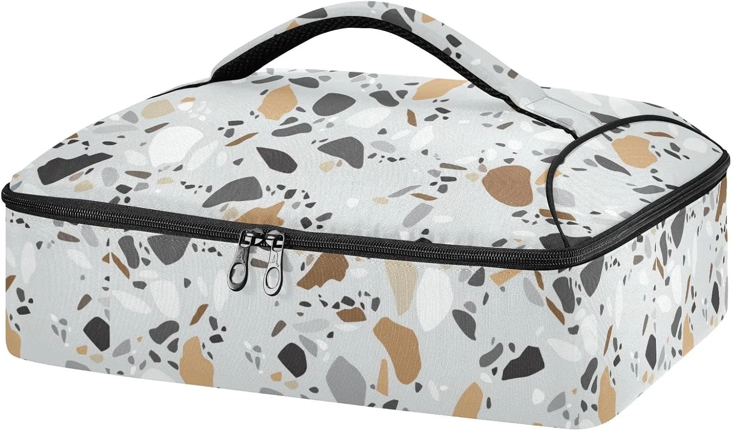 Seamless Terrazzo Stone Fragments Rock Surface on Grey Background Reusable Insulated Pizza Bag, Waterproof Food Delivery Bag, with Handle Lid Leakproof Pizza Holder Tote for Hot or Cold Food