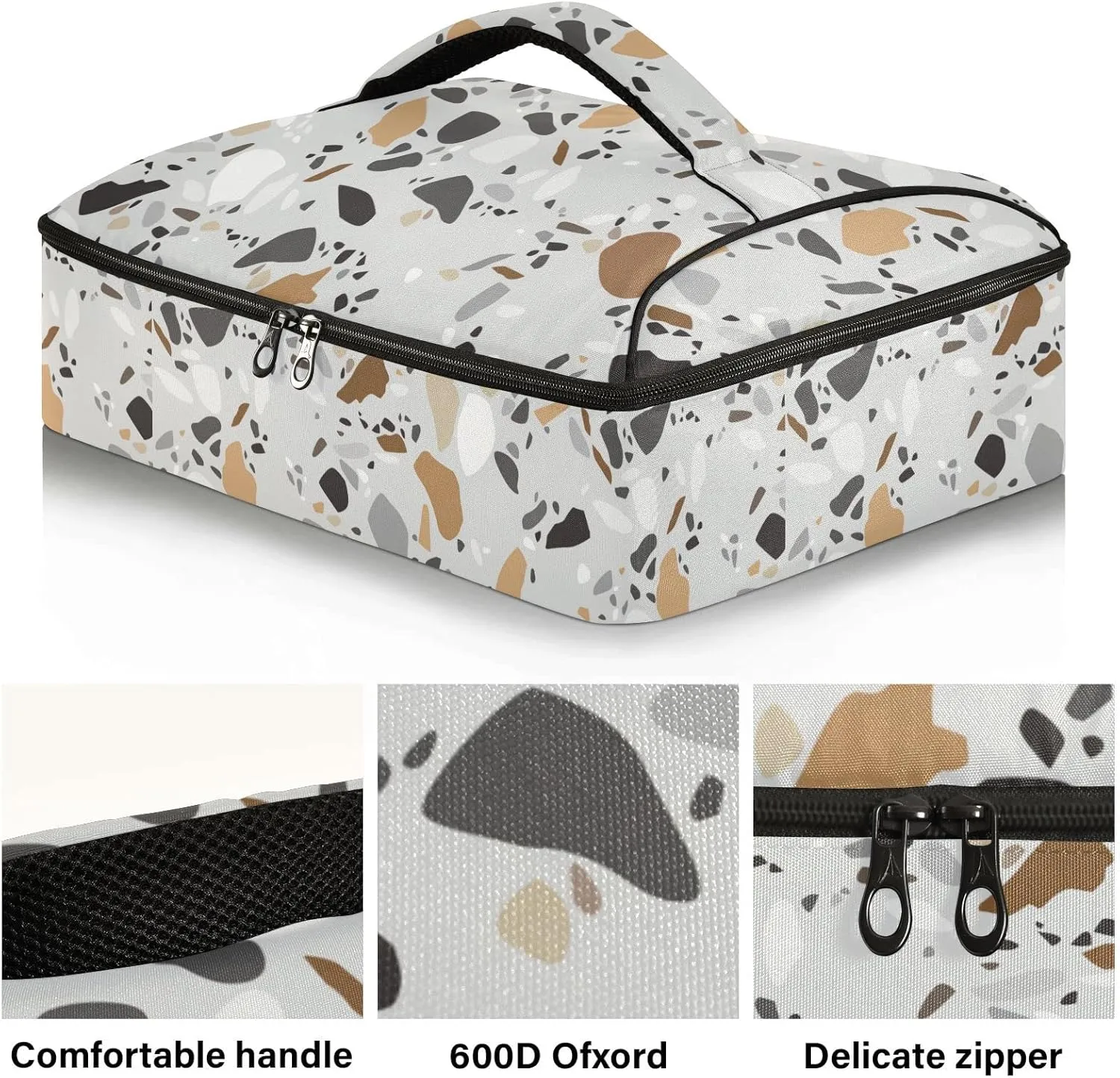 Seamless Terrazzo Stone Fragments Rock Surface on Grey Background Reusable Insulated Pizza Bag, Waterproof Food Delivery Bag, with Handle Lid Leakproof Pizza Holder Tote for Hot or Cold Food