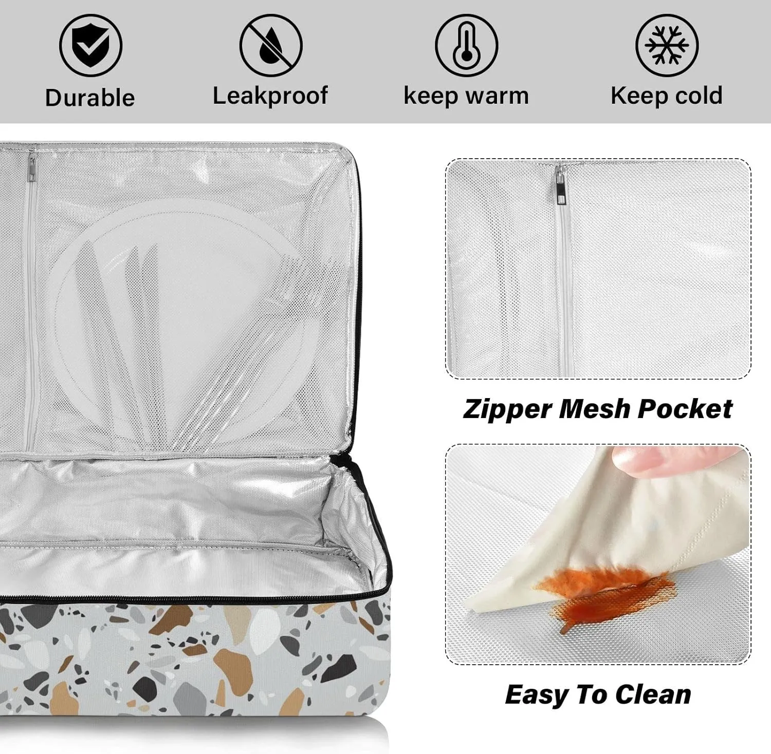 Seamless Terrazzo Stone Fragments Rock Surface on Grey Background Reusable Insulated Pizza Bag, Waterproof Food Delivery Bag, with Handle Lid Leakproof Pizza Holder Tote for Hot or Cold Food