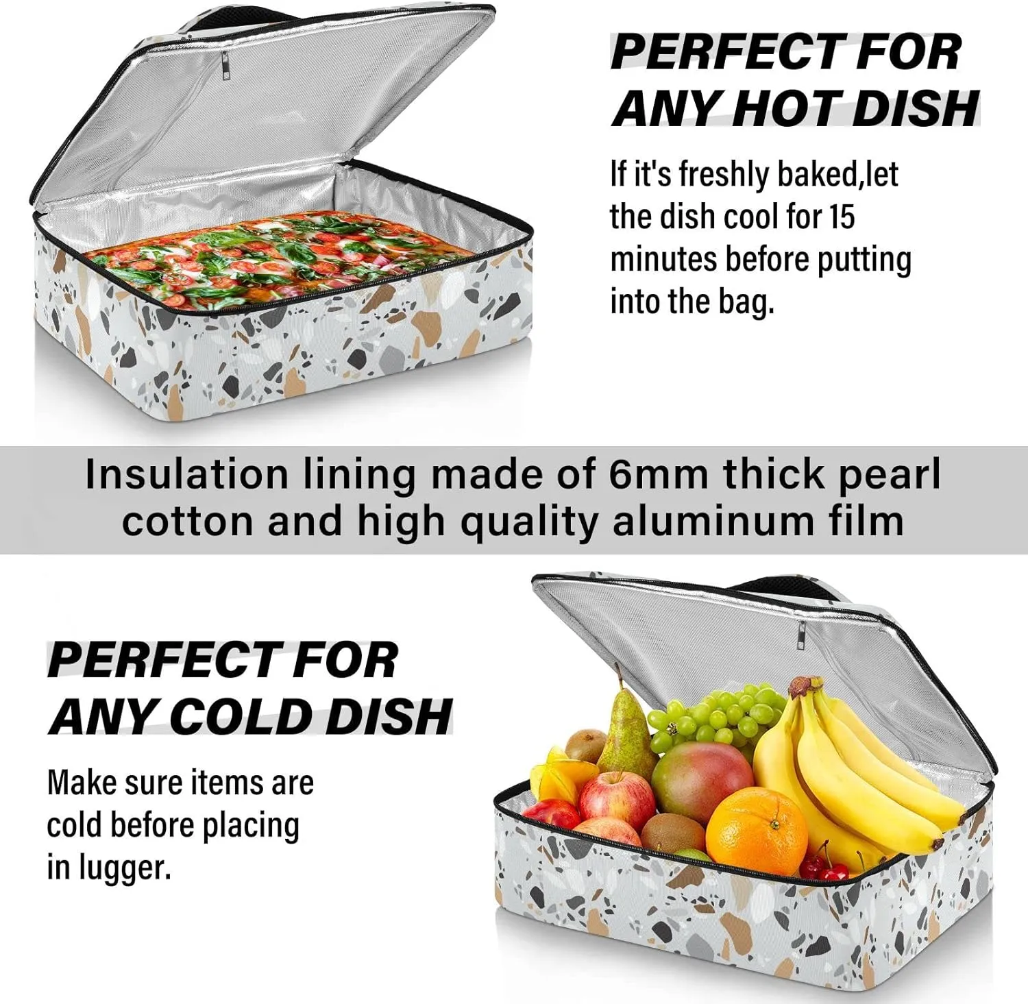 Seamless Terrazzo Stone Fragments Rock Surface on Grey Background Reusable Insulated Pizza Bag, Waterproof Food Delivery Bag, with Handle Lid Leakproof Pizza Holder Tote for Hot or Cold Food