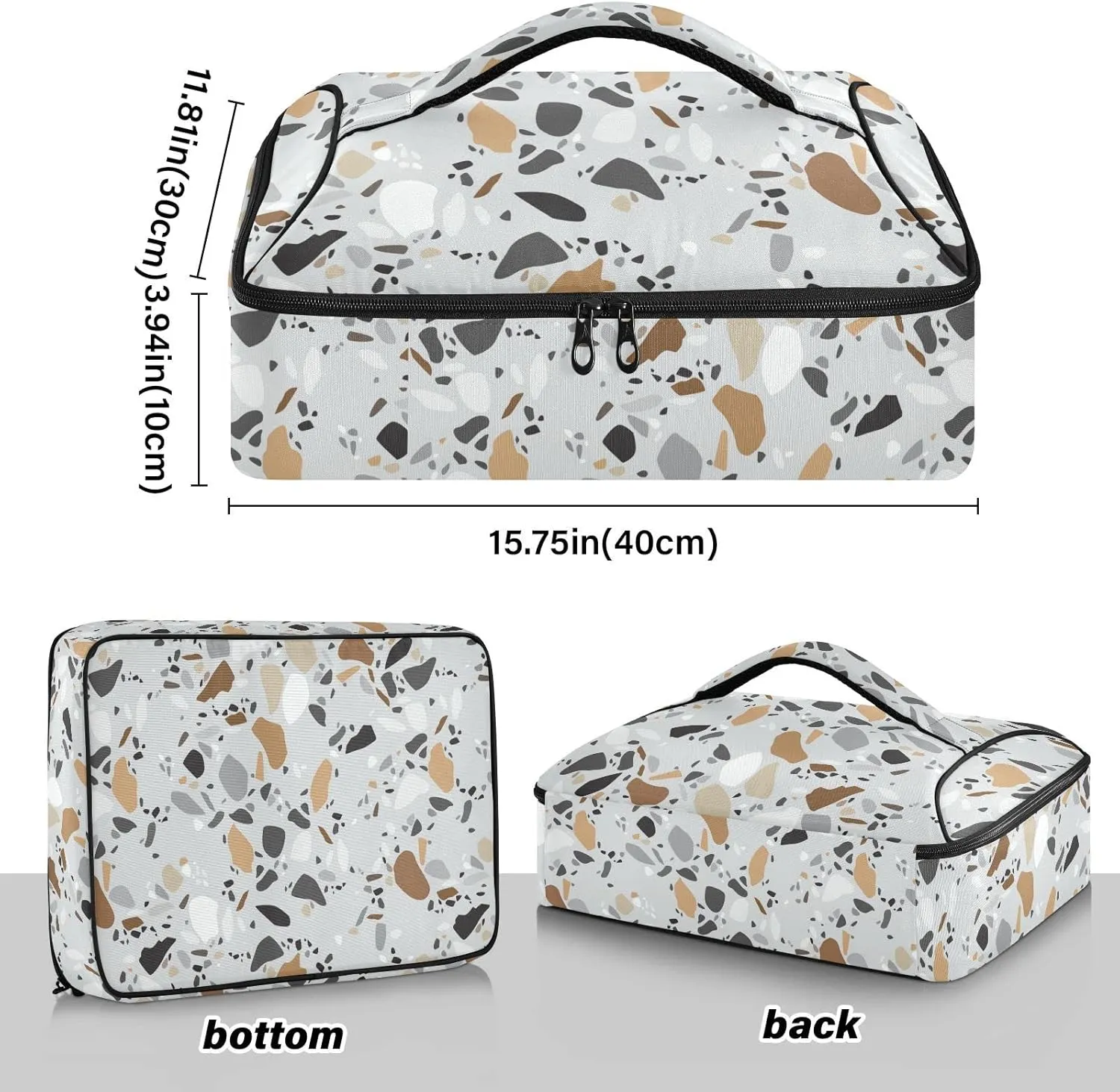 Seamless Terrazzo Stone Fragments Rock Surface on Grey Background Reusable Insulated Pizza Bag, Waterproof Food Delivery Bag, with Handle Lid Leakproof Pizza Holder Tote for Hot or Cold Food