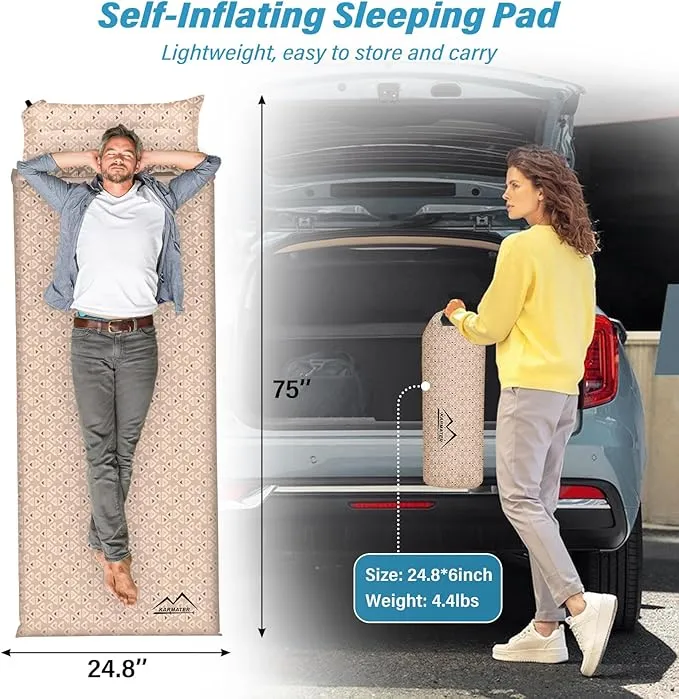 Self Inflating Sleeping Pad for Camping - Thick Camping Pad with Pillow & Inflatable Bag, 9.5 R-Value Insulated Camping Mattress Pad for Car Camping Backpacking Hiking Camping Mat (Flower)