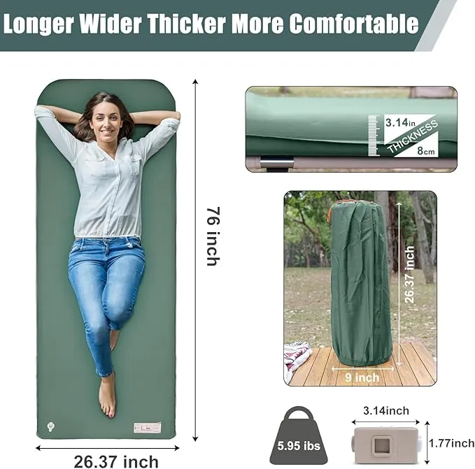 Self Inflating Sleeping Pad with Electric Pump, 3.14" Ultra-Thick Memory Foam Sleeping Mats for Camping,Easy Inflate&Deflate,9.5 R-Value Insulated Camping Mattress Pad with Pillow for Car Travel Tent