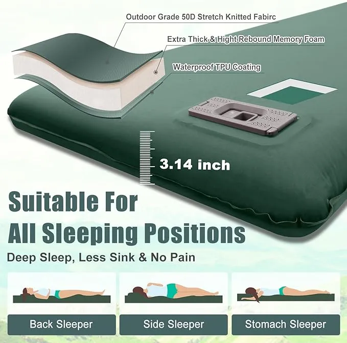Self Inflating Sleeping Pad with Electric Pump, 3.14" Ultra-Thick Memory Foam Sleeping Mats for Camping,Easy Inflate&Deflate,9.5 R-Value Insulated Camping Mattress Pad with Pillow for Car Travel Tent