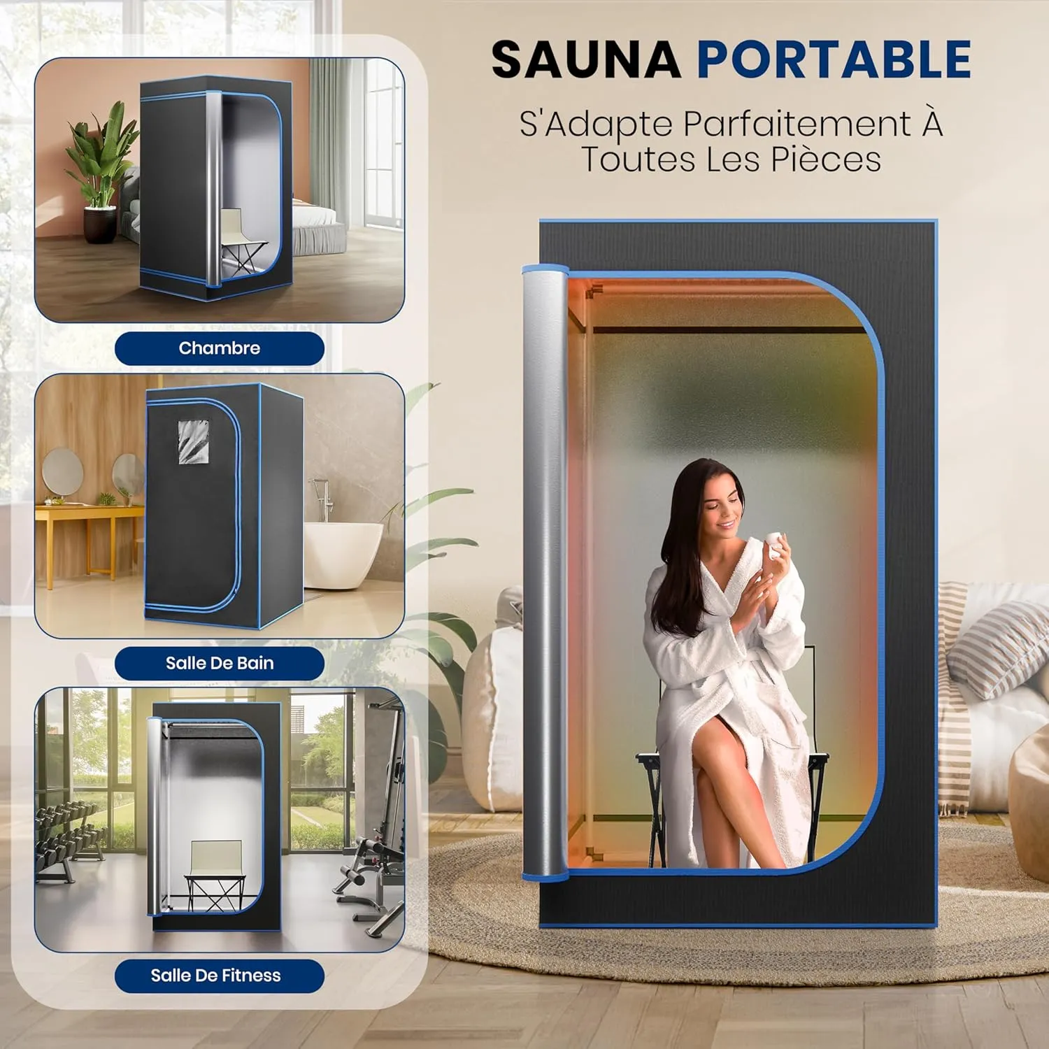 SereneLife Portable Sauna Box for Home, Steam Sauna Tent with Extra Large 4L Steamer - Includes Folding Sauna Chair, Remote Control w/ 9 Heat Levels for in-Home Spa - 2.95' x 2.95' x 5.9'