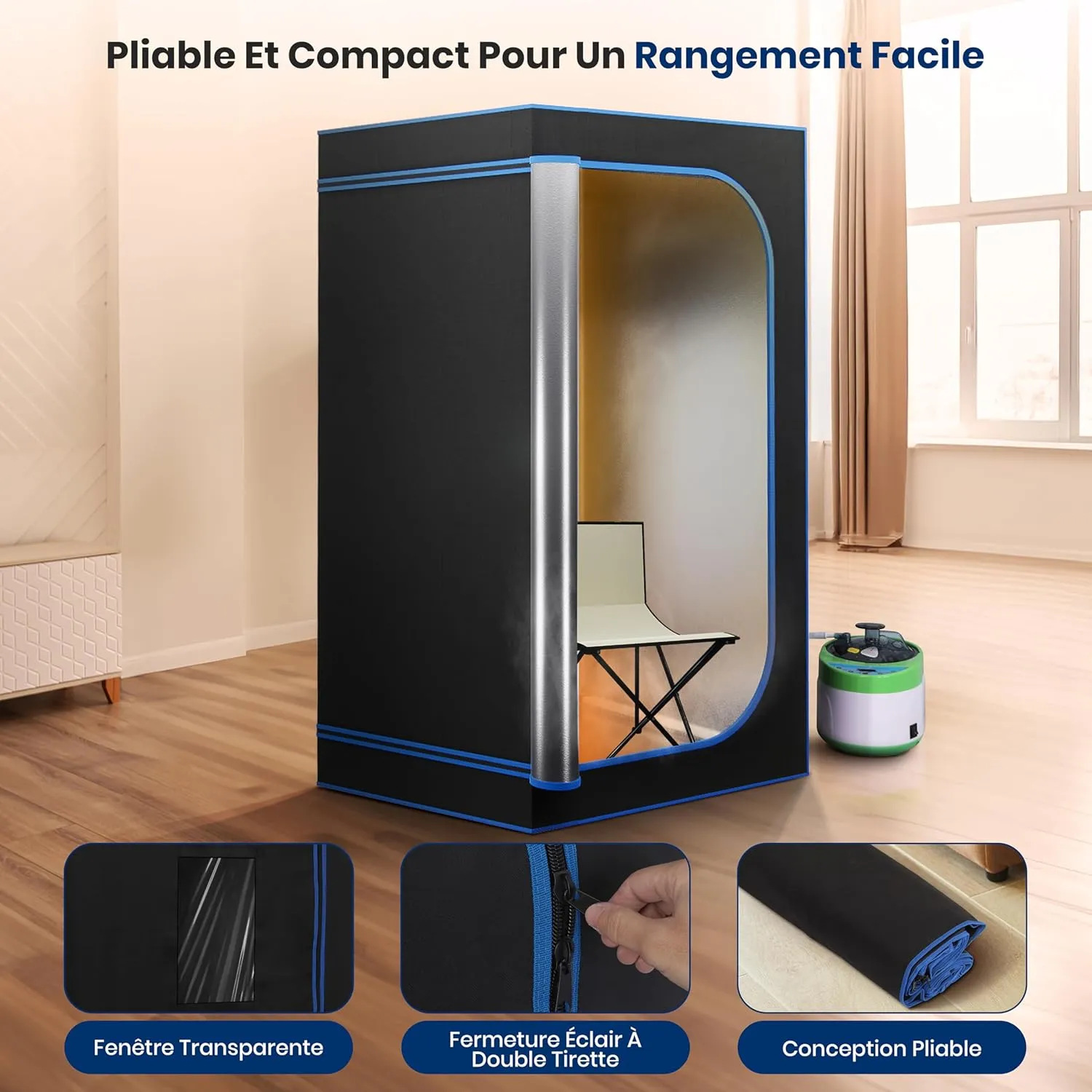 SereneLife Portable Sauna Box for Home, Steam Sauna Tent with Extra Large 4L Steamer - Includes Folding Sauna Chair, Remote Control w/ 9 Heat Levels for in-Home Spa - 2.95' x 2.95' x 5.9'