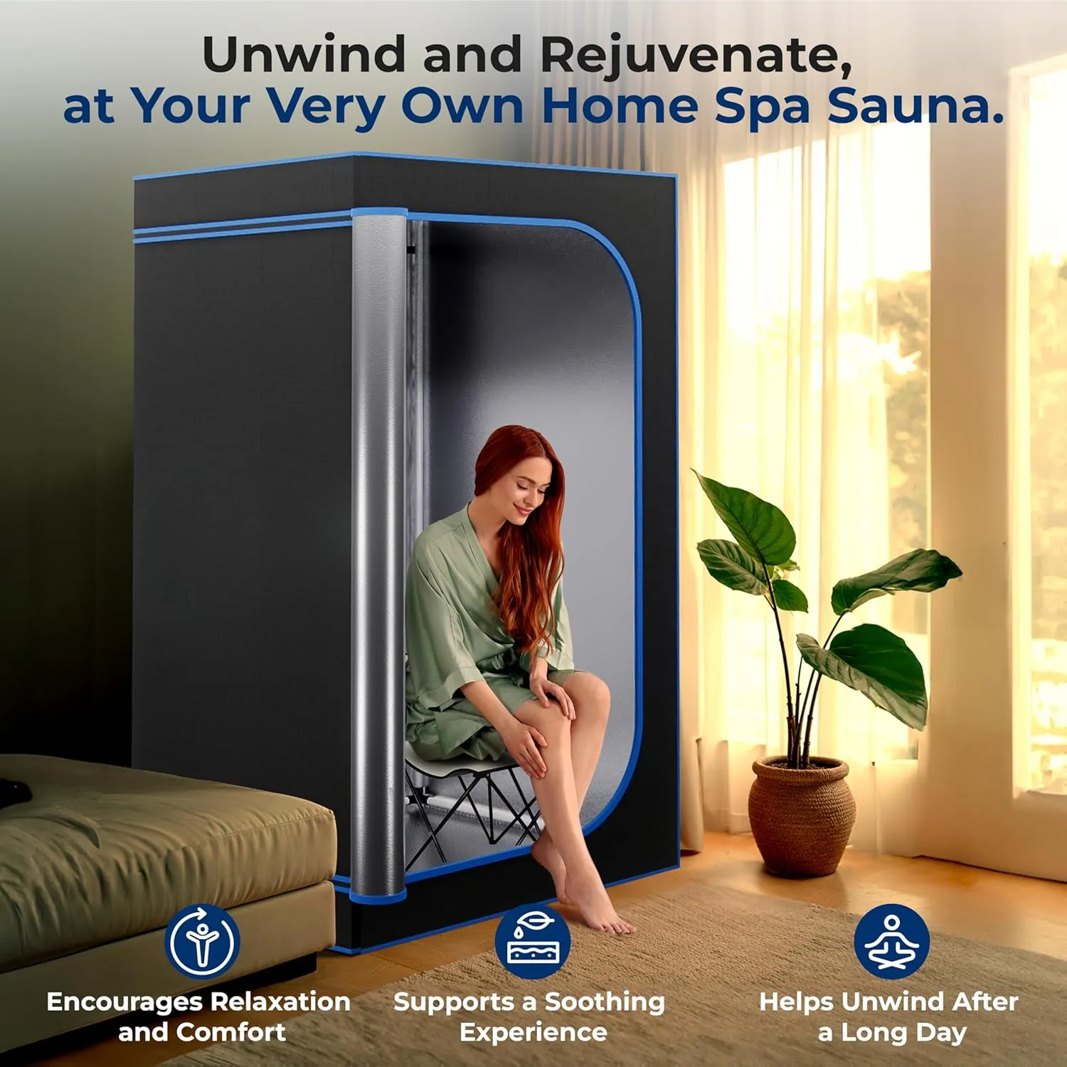 SereneLife Portable Sauna Box for Home, Steam Sauna Tent with Extra Large 4L Steamer - Includes Folding Sauna Chair, Remote Control w/ 9 Heat Levels for in-Home Spa - 2.95' x 2.95' x 5.9'