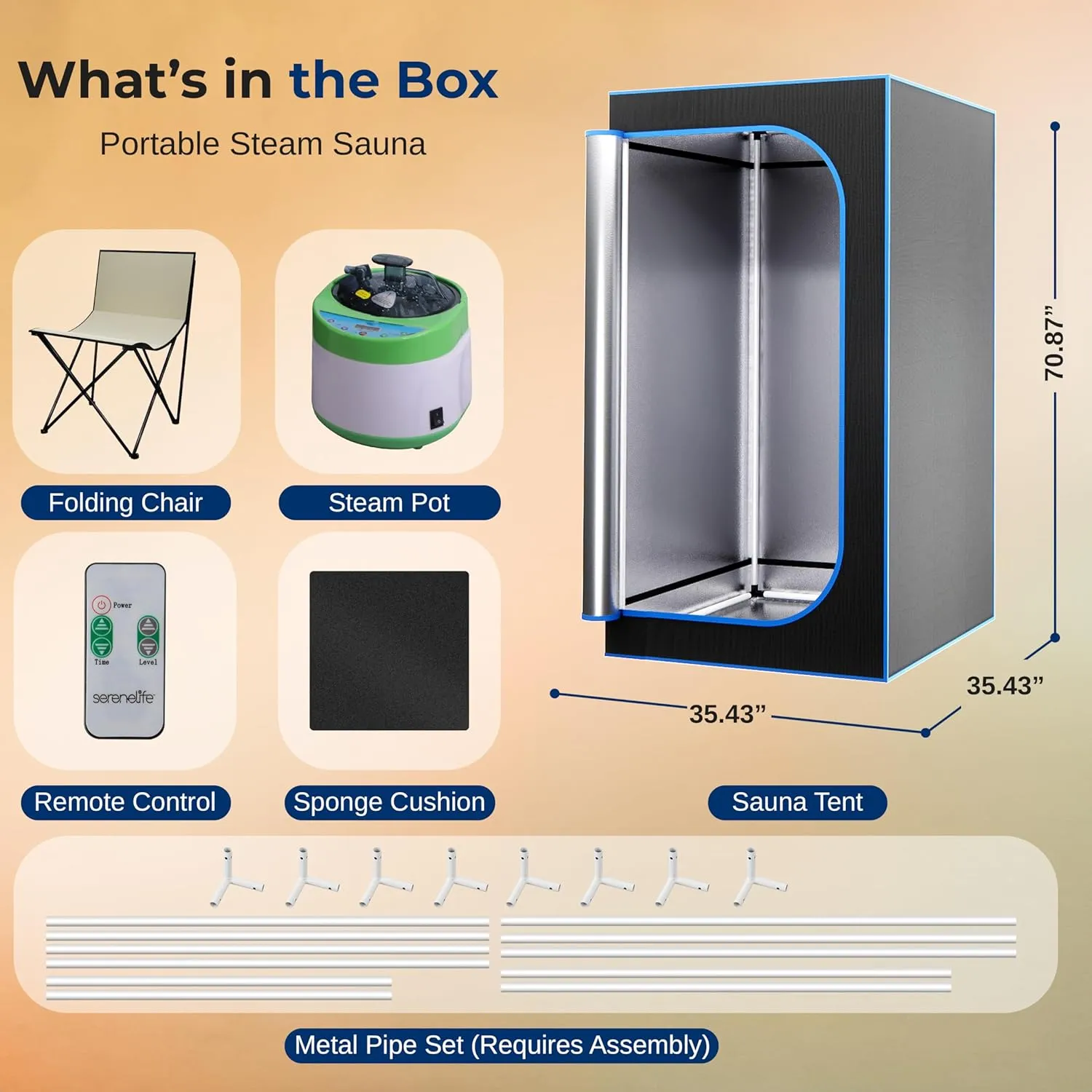 SereneLife Portable Sauna Box for Home, Steam Sauna Tent with Extra Large 4L Steamer - Includes Folding Sauna Chair, Remote Control w/ 9 Heat Levels for in-Home Spa - 2.95' x 2.95' x 5.9'