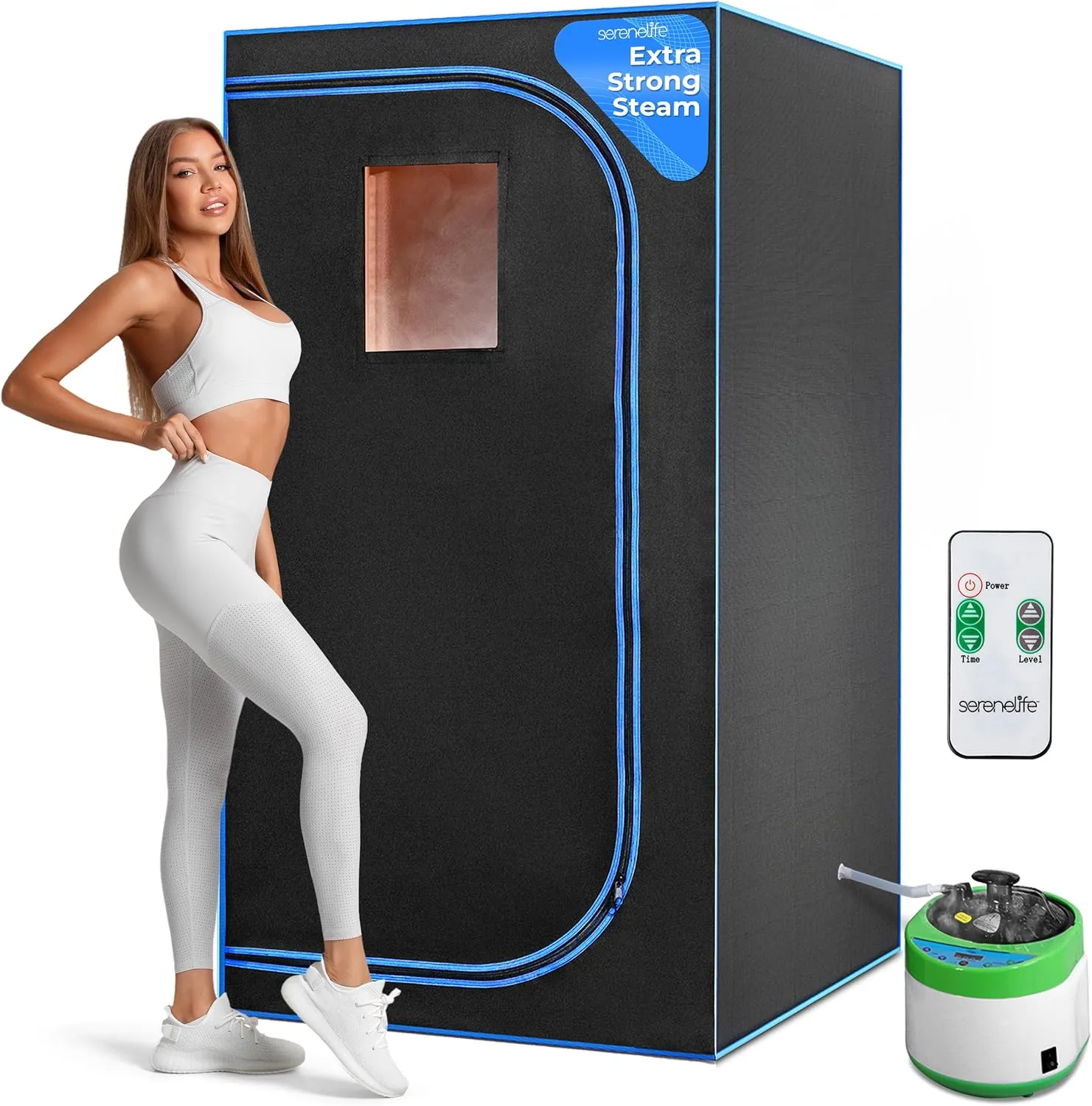 SereneLife Portable Sauna Box for Home, Steam Sauna Tent with Extra Large 4L Steamer - Includes Folding Sauna Chair, Remote Control w/ 9 Heat Levels for in-Home Spa - 2.95' x 2.95' x 5.9'