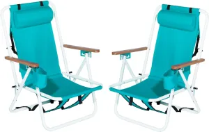 Set of 2 Folding Backpack Beach Chairs for Adults,Outdoor Folding Heavy Duty Camping Chair with Large Pockets and Cup Holder,Adjustable high Beach Lounge Chairs for Outdoor,Travel (Green)