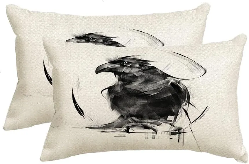Set of 2 Throw Pillows Cover 12 x 20 Inches Realistic Black Raven On Walk White Animals Element Profile Coal Wildlife Artistic Artwork Objects Waterproof Cushion Case Cotton Linen for Outdoor Decor