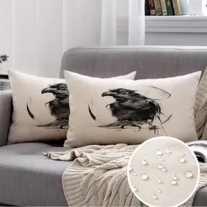 Set of 2 Throw Pillows Cover 12 x 20 Inches Realistic Black Raven On Walk White Animals Element Profile Coal Wildlife Artistic Artwork Objects Waterproof Cushion Case Cotton Linen for Outdoor Decor
