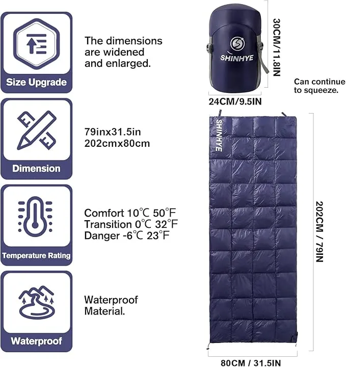 ShinHye Ultralight Sleeping Bag, 600 Fill Down Backpacking Sleeping Bag for Camping, 40-59℉ Compact Sleeping Bag Compact for Adult Waterproof, Compressible YR500