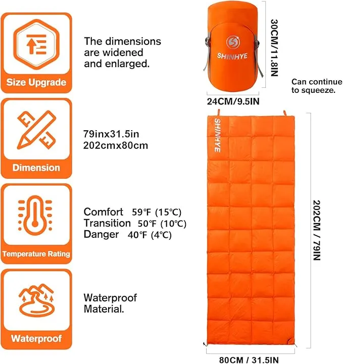 ShinHye Ultralight Sleeping Bag, 600 Fill Down Backpacking Sleeping Bag for Camping, 40-59℉ Compact Sleeping Bag Compact for Adult Waterproof, Compressible YR500