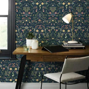 Simon&Siff Floral Wallpaper Peel and Stick Navy Blue Boho Wall Paper 393.7" x 17.3" Dark Blue Blooming Flower Wildflowers Self Adhesive Removable Wallpaper for Bedroom Bathroom Kitchen