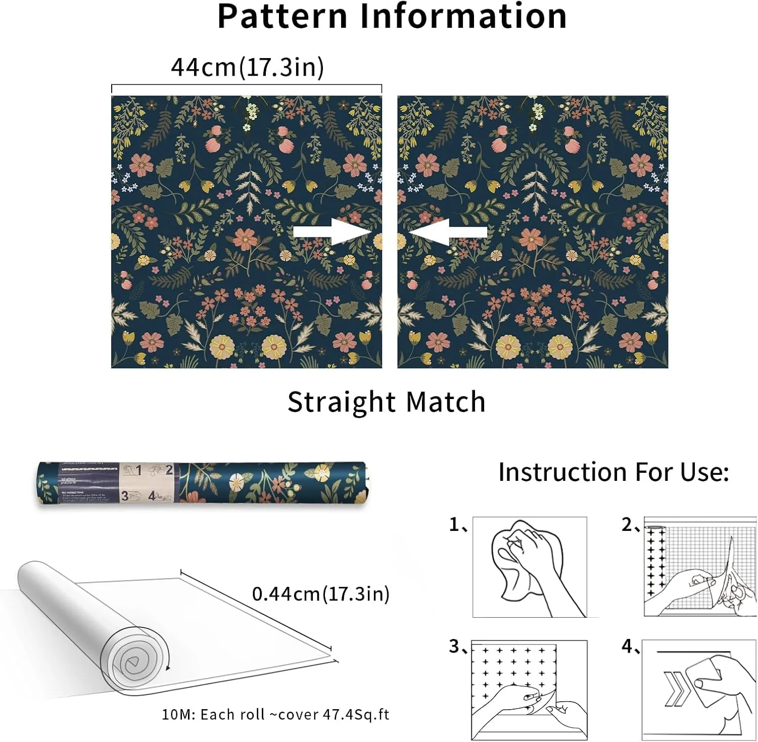 Simon&Siff Floral Wallpaper Peel and Stick Navy Blue Boho Wall Paper 393.7" x 17.3" Dark Blue Blooming Flower Wildflowers Self Adhesive Removable Wallpaper for Bedroom Bathroom Kitchen