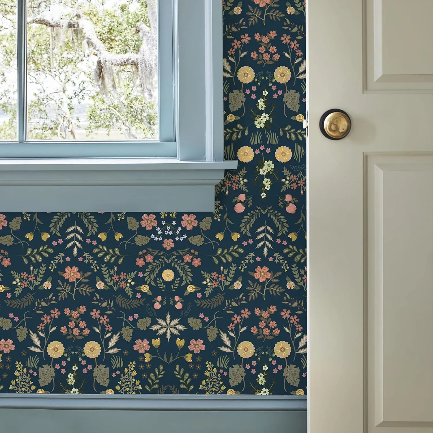 Simon&Siff Floral Wallpaper Peel and Stick Navy Blue Boho Wall Paper 393.7" x 17.3" Dark Blue Blooming Flower Wildflowers Self Adhesive Removable Wallpaper for Bedroom Bathroom Kitchen
