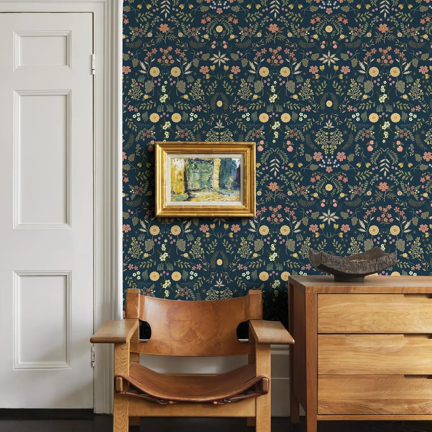 Simon&Siff Floral Wallpaper Peel and Stick Navy Blue Boho Wall Paper 393.7" x 17.3" Dark Blue Blooming Flower Wildflowers Self Adhesive Removable Wallpaper for Bedroom Bathroom Kitchen
