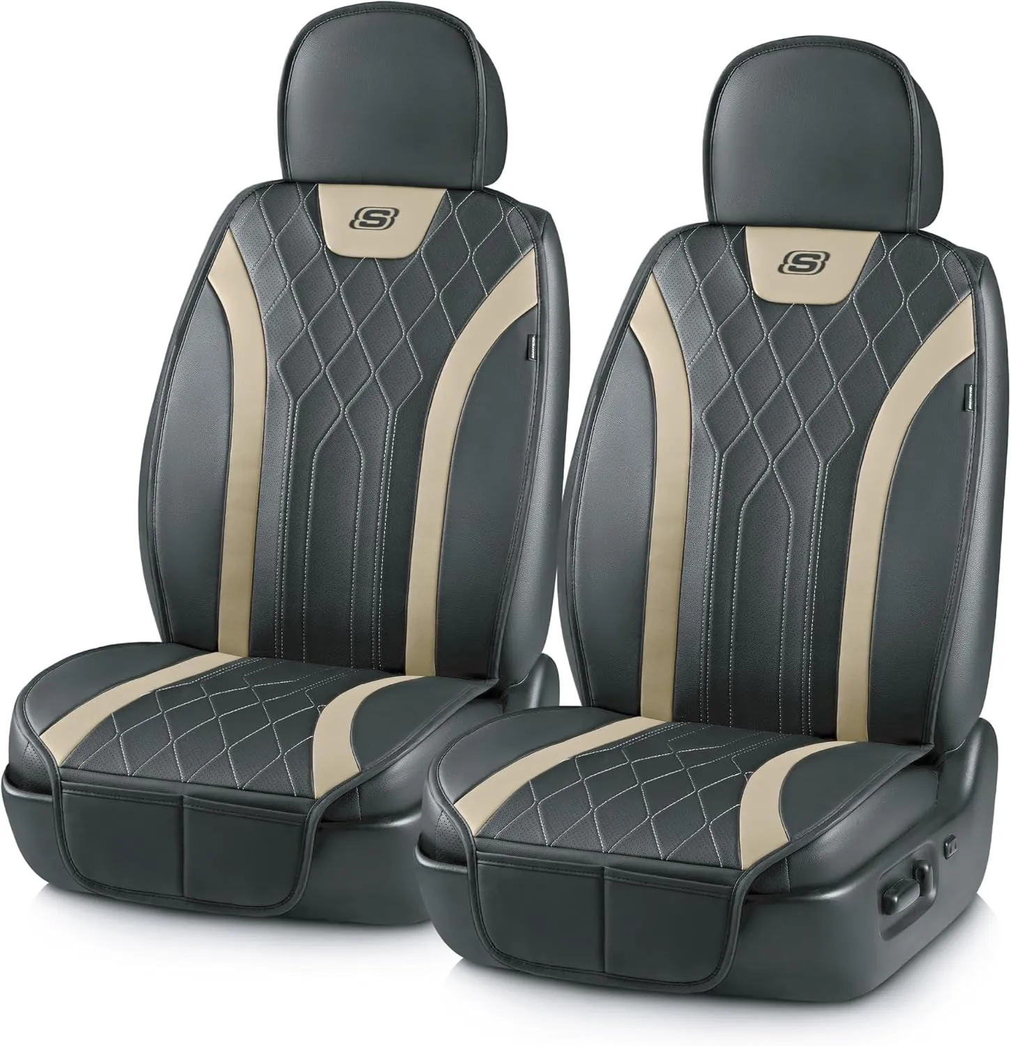 Skechers MAX Cushioning Car Seat Covers,Memory Foam Leather Car Seat Protectors, Airbag Safe Waterproof Sideless Front Seat Covers with Storage Pocket,Universal Fit for Cars Trucks SUV, Beige 2PCS
