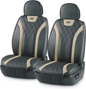 Skechers MAX Cushioning Car Seat Covers,Memory Foam Leather Car Seat Protectors, Airbag Safe Waterproof Sideless Front Seat Covers with Storage Pocket,Universal Fit for Cars Trucks SUV, Beige 2PCS