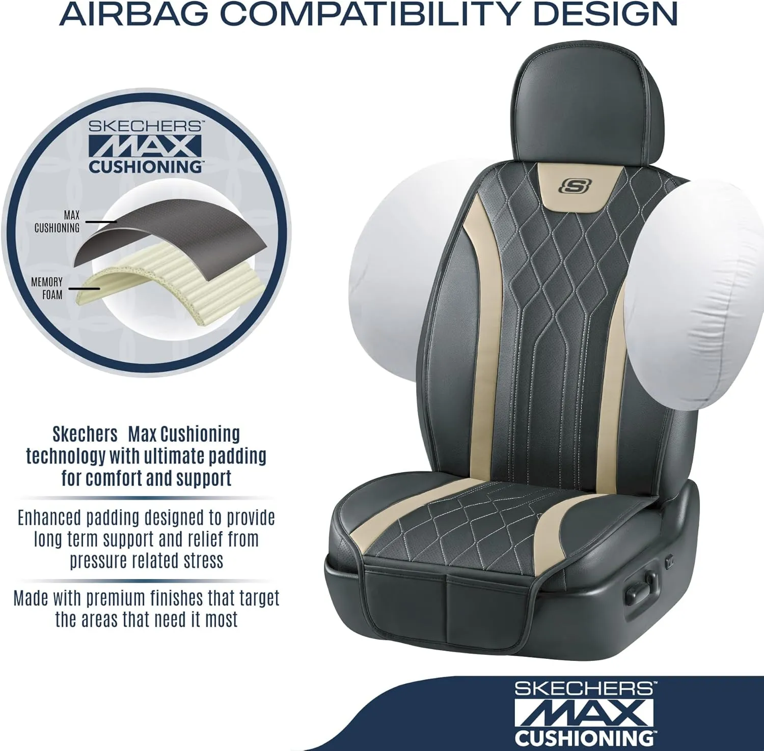 Skechers MAX Cushioning Car Seat Covers,Memory Foam Leather Car Seat Protectors, Airbag Safe Waterproof Sideless Front Seat Covers with Storage Pocket,Universal Fit for Cars Trucks SUV, Beige 2PCS