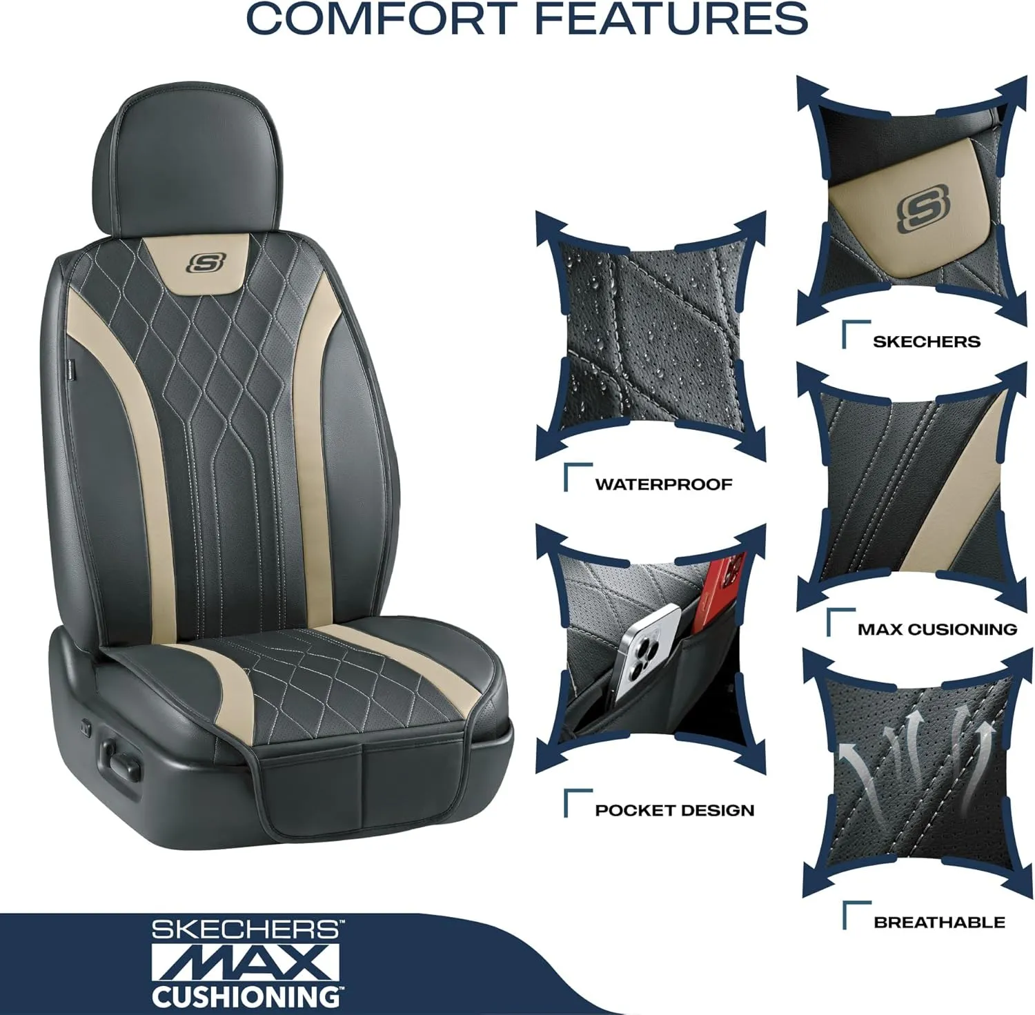 Skechers MAX Cushioning Car Seat Covers,Memory Foam Leather Car Seat Protectors, Airbag Safe Waterproof Sideless Front Seat Covers with Storage Pocket,Universal Fit for Cars Trucks SUV, Beige 2PCS