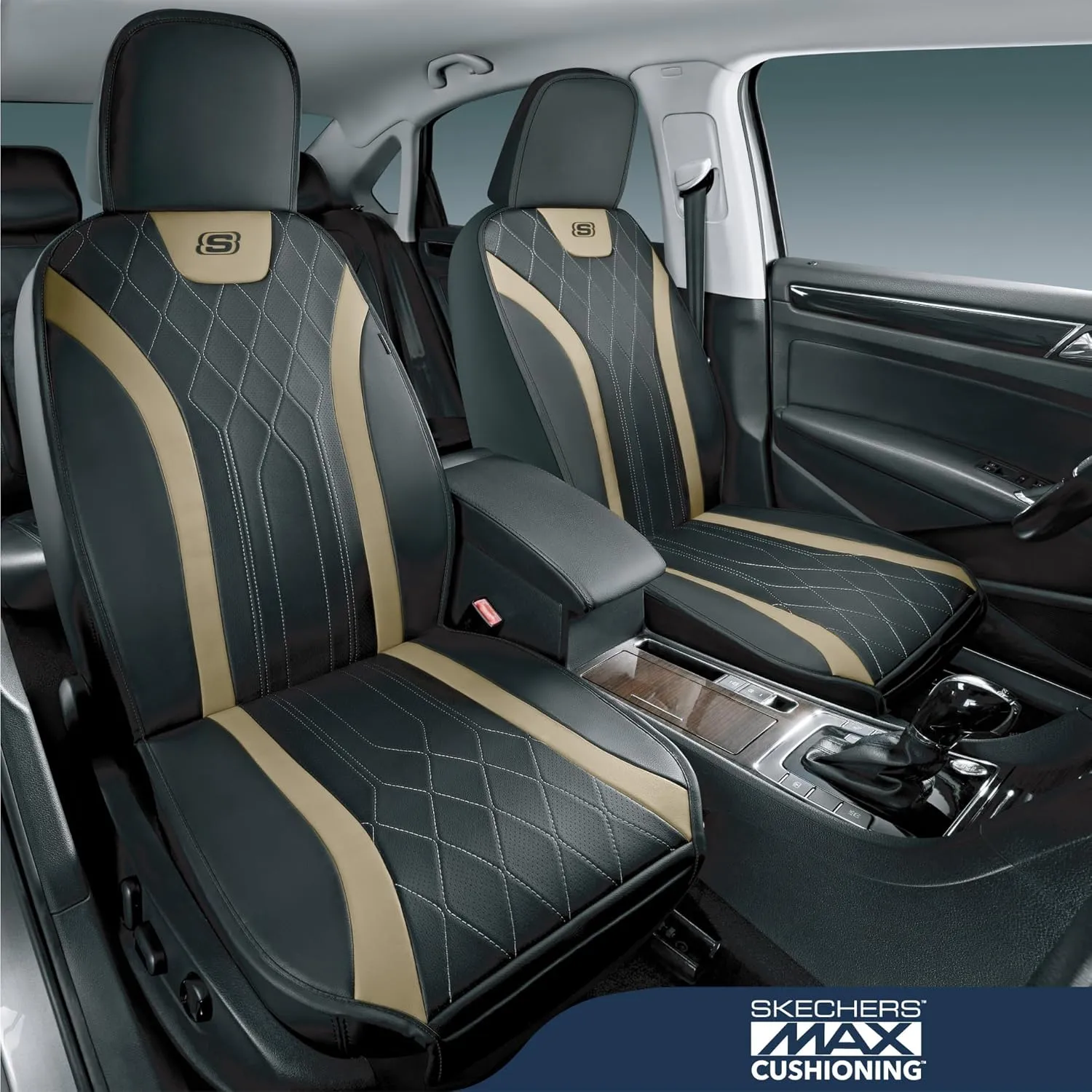 Skechers MAX Cushioning Car Seat Covers,Memory Foam Leather Car Seat Protectors, Airbag Safe Waterproof Sideless Front Seat Covers with Storage Pocket,Universal Fit for Cars Trucks SUV, Beige 2PCS