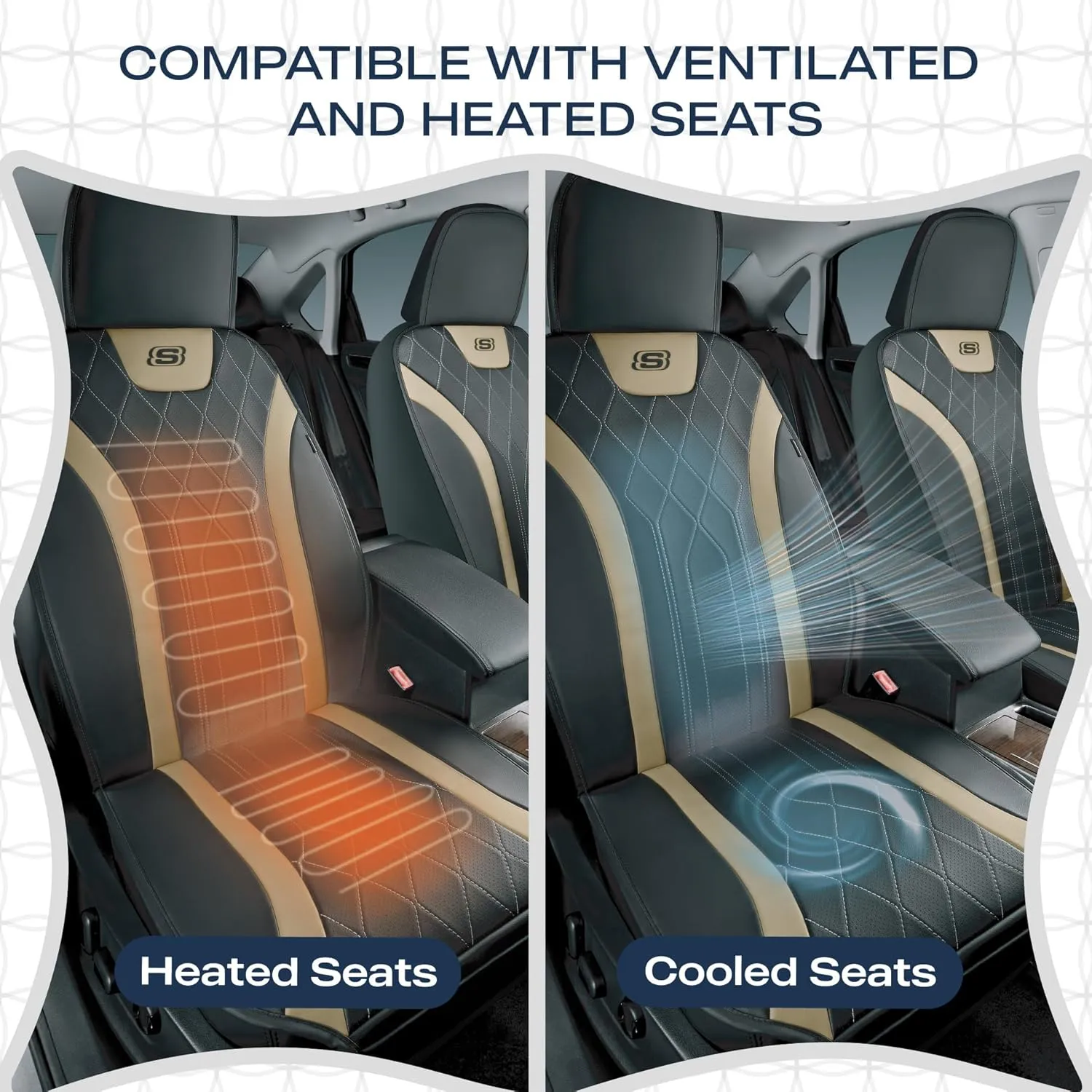 Skechers MAX Cushioning Car Seat Covers,Memory Foam Leather Car Seat Protectors, Airbag Safe Waterproof Sideless Front Seat Covers with Storage Pocket,Universal Fit for Cars Trucks SUV, Beige 2PCS