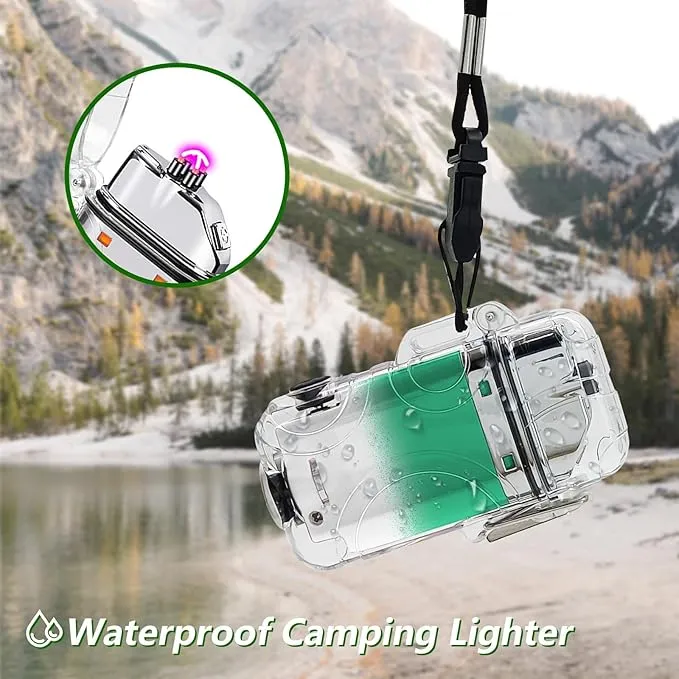 SKRFIRE Electric Lighter Transparent Waterproof Lighter Dual Arc Lighter with LED Flashlight,Windproof Lighter Rechargeable USB Lighter Flameless Plasma Lighter for Camping Hiking (ClearCyanWhite)