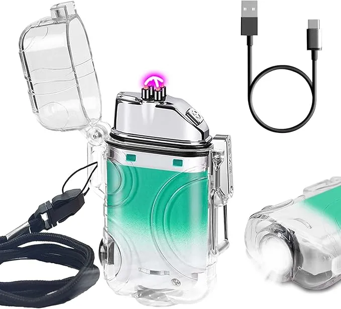 SKRFIRE Electric Lighter Transparent Waterproof Lighter Dual Arc Lighter with LED Flashlight,Windproof Lighter Rechargeable USB Lighter Flameless Plasma Lighter for Camping Hiking (ClearCyanWhite)