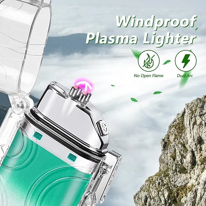SKRFIRE Electric Lighter Transparent Waterproof Lighter Dual Arc Lighter with LED Flashlight,Windproof Lighter Rechargeable USB Lighter Flameless Plasma Lighter for Camping Hiking (ClearCyanWhite)