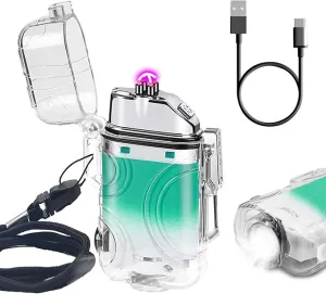 SKRFIRE Electric Lighter Transparent Waterproof Lighter Dual Arc Lighter with LED Flashlight,Windproof Lighter Rechargeable USB Lighter Flameless Plasma Lighter for Camping Hiking (ClearCyanWhite)