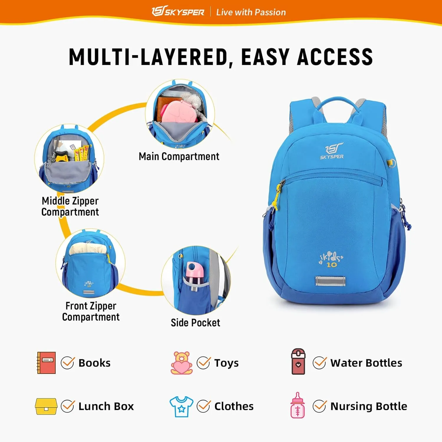 SKYSPER Preschool Kids Backpack 10L Toddler Travel Backpack for Kids Boys Girls(Sky Blue)
