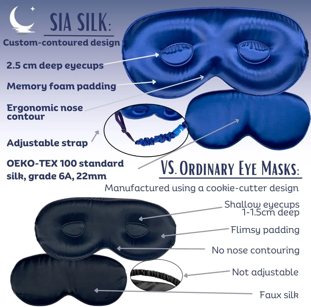 Sleep Mask with Deep Eye Cups, 100% Mulberry Silk, Total Blackout, Adjustable Strap, Luxury Eye Mask for Beauty Rest for Men and Women -Navy