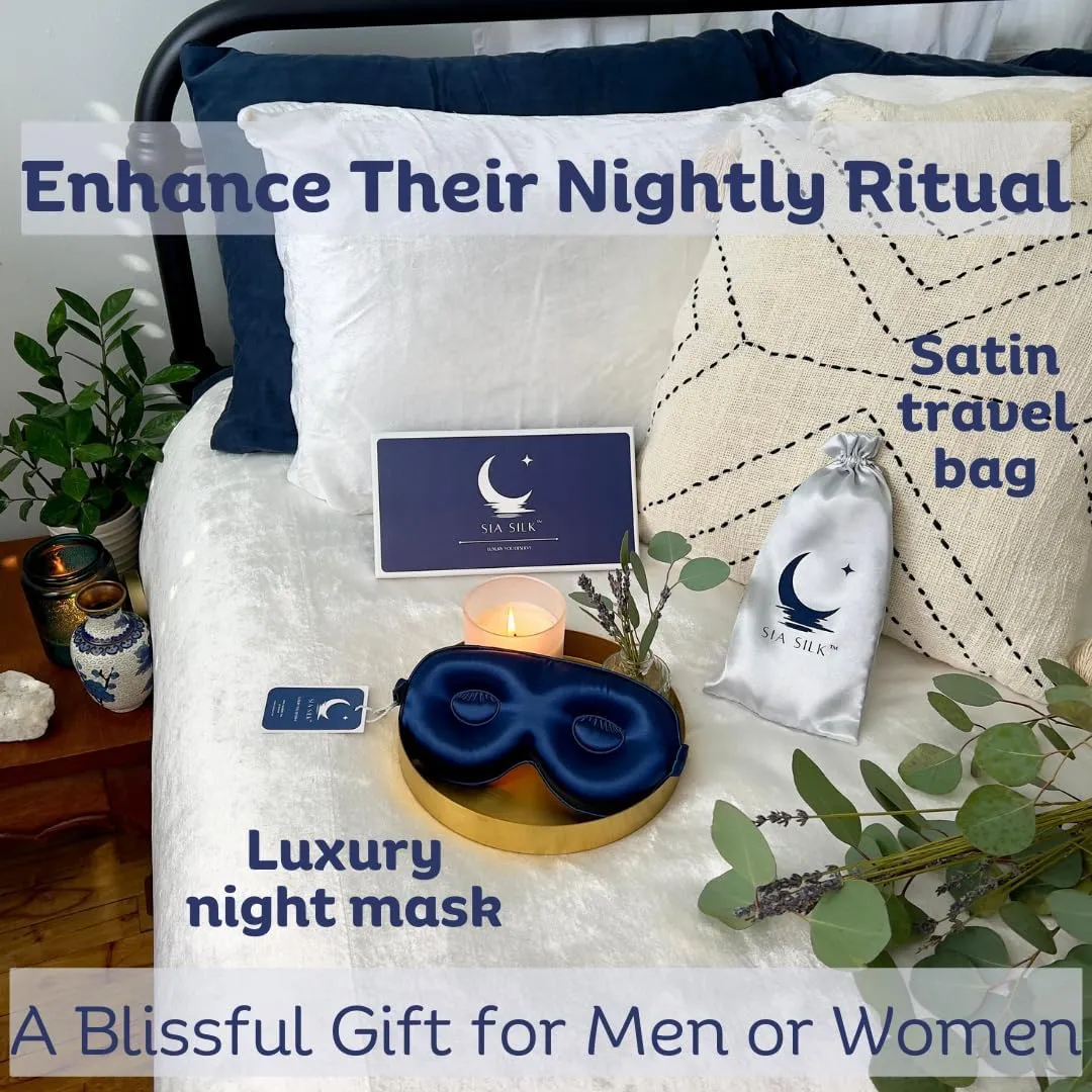 Sleep Mask with Deep Eye Cups, 100% Mulberry Silk, Total Blackout, Adjustable Strap, Luxury Eye Mask for Beauty Rest for Men and Women -Navy