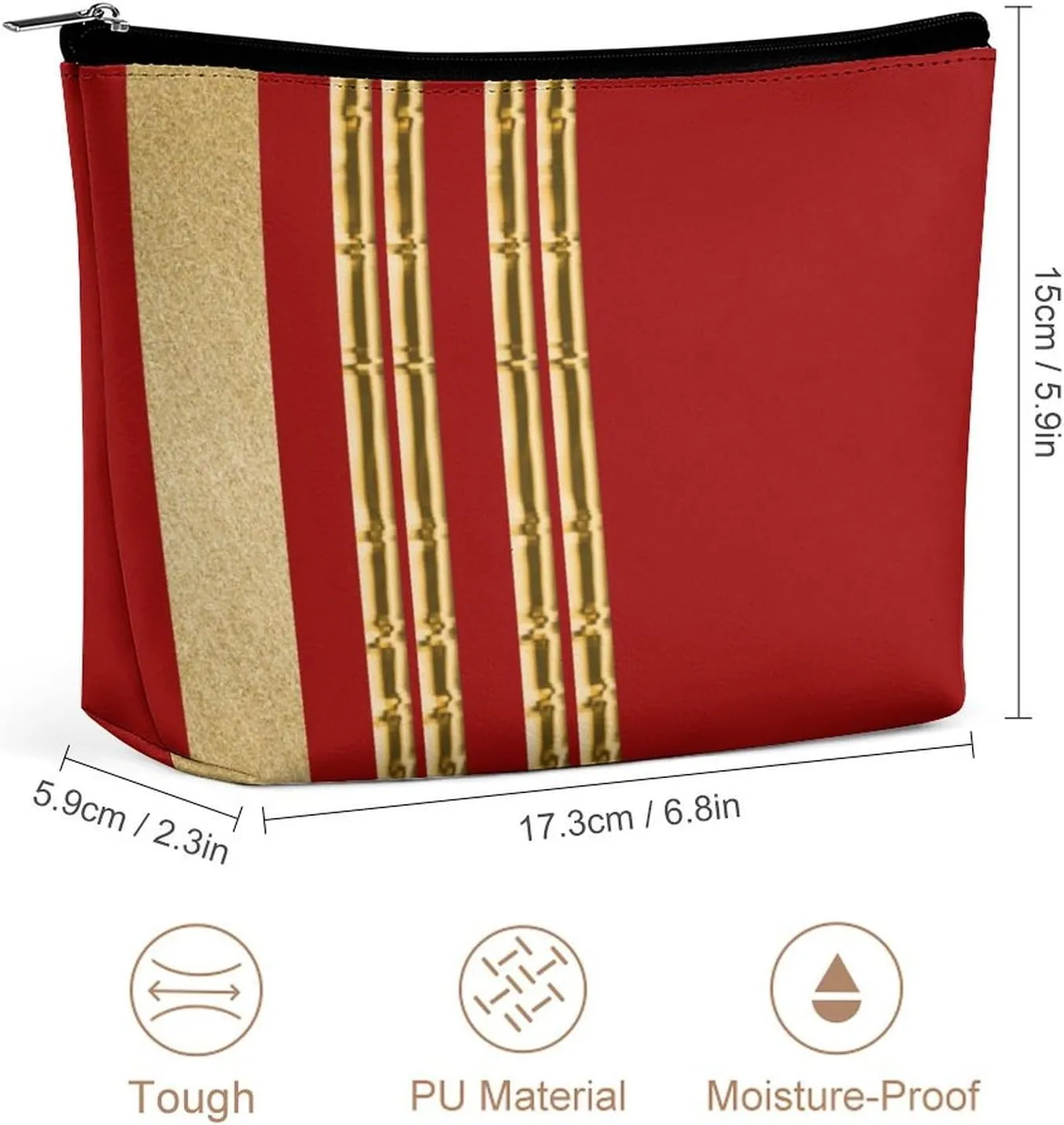 Small Cosmetic Bag, Red Gold Striped Pattern Makeup Bags Elegant Roomy Pouch for Women,Travel Toiletry Accessories Organizer