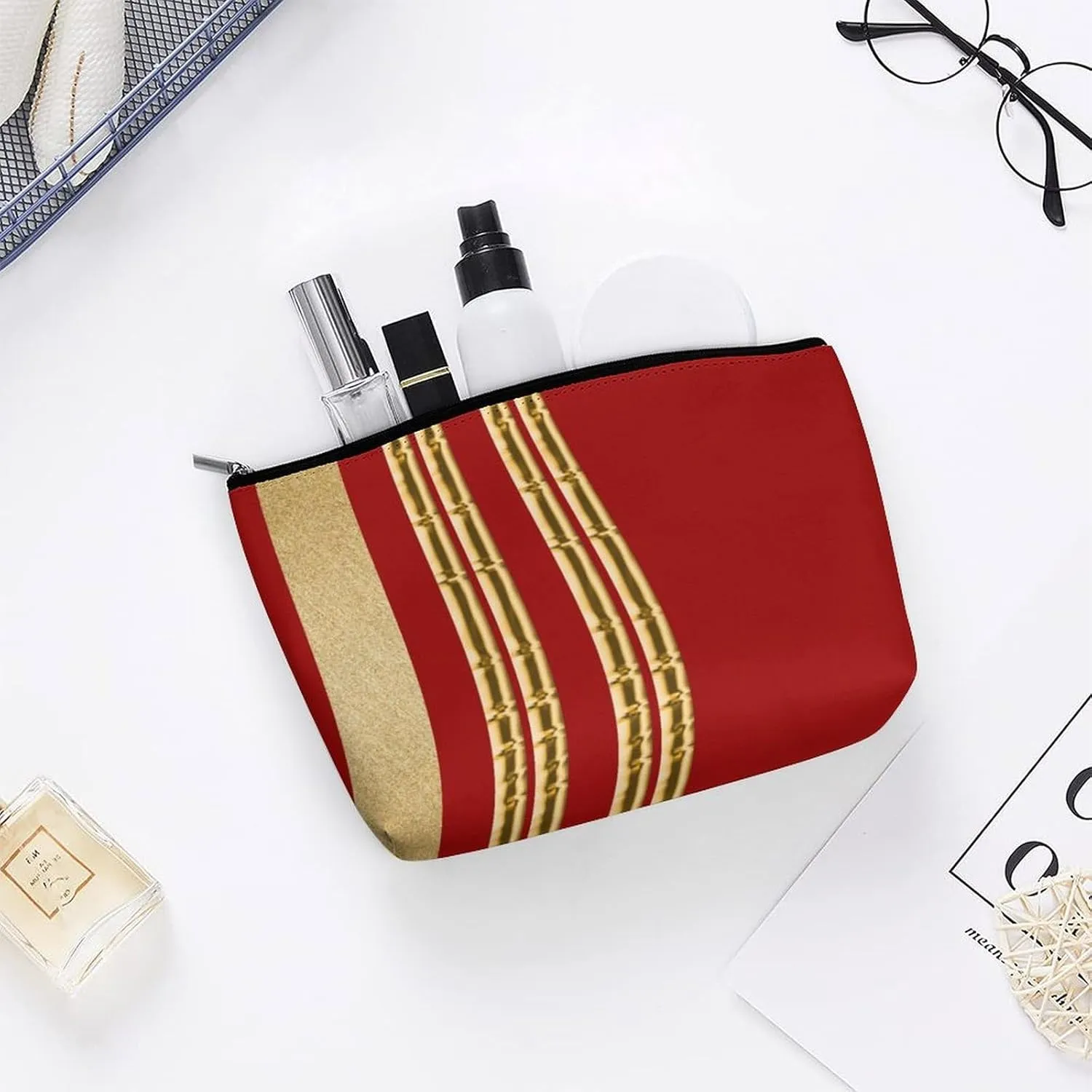 Small Cosmetic Bag, Red Gold Striped Pattern Makeup Bags Elegant Roomy Pouch for Women,Travel Toiletry Accessories Organizer