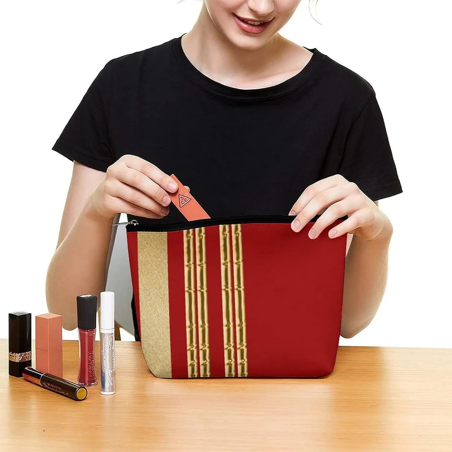 Small Cosmetic Bag, Red Gold Striped Pattern Makeup Bags Elegant Roomy Pouch for Women,Travel Toiletry Accessories Organizer
