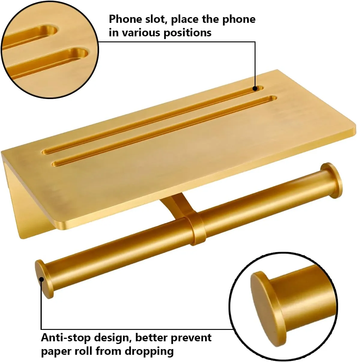 Smarthome Double Toilet Paper Holder with Shelf, Commercial Toilet Paper Roll Dispenser Wall Mount with Cell Phone Storage Rack, Aluminium Fits Mega Roll Dual Toilet Paper Tissue Holder Brushed Gold